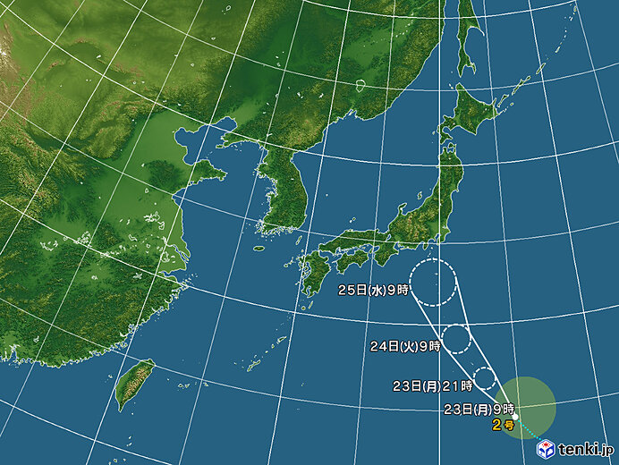 2025년 태풍 2호 스팟 일본 기상 협회 경로 예측도